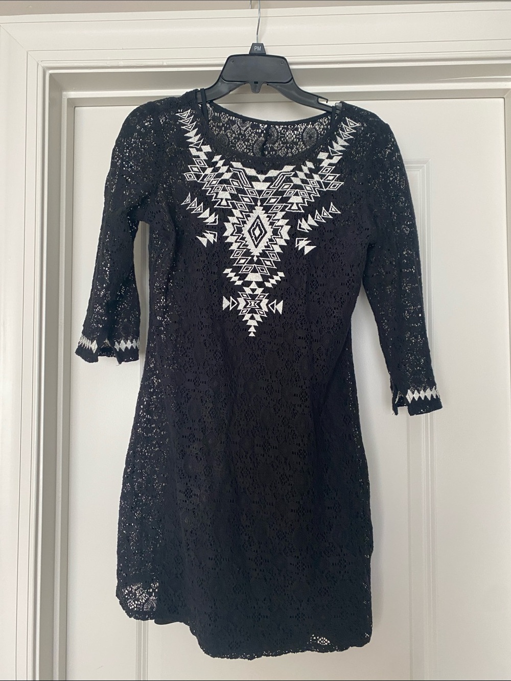 Black Lace Dress with White Geometric Embroidery - Women's Dress